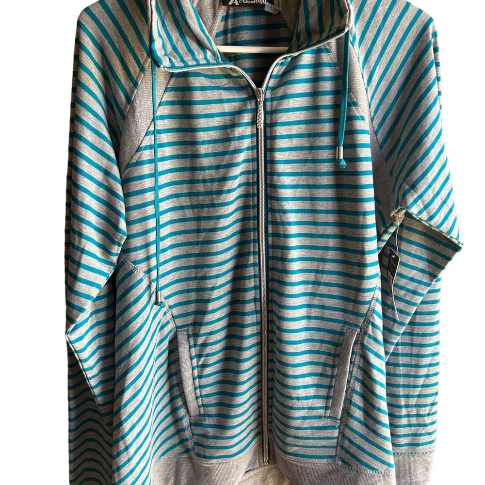 NWT Activology Size Large Turquoise & Gray Striped Full Zip Sweatshirt w pockets